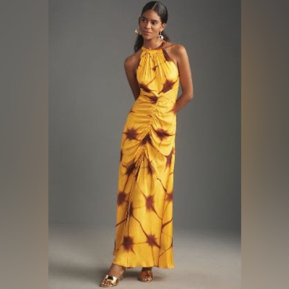 ATSU HALTER RUCHED MAXI DRESS ANTHROPOLOGIE SMALL Yellow Maxi Dress
